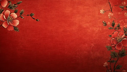 Red Silk Background with Coral Blossoms.