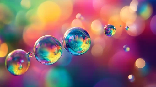Glowing rainbow bubbles drifting through a dreamy sunset haze.