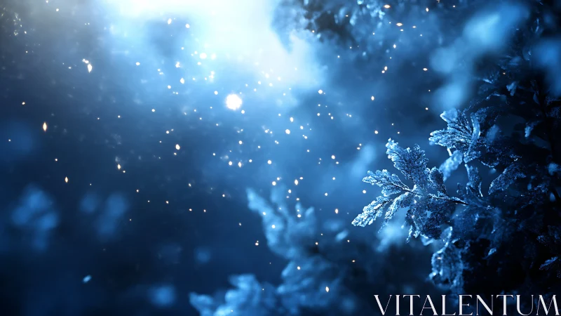 Macro frost foliage with luminous snow particles in bokeh field