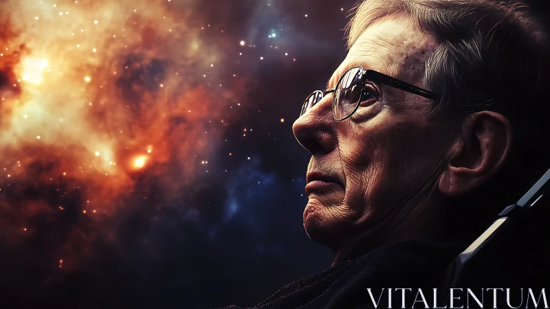 Stargazing elder framed against a roaring cosmic nebula.