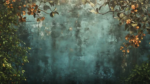 Weathered teal wall framed by lush flowering foliage.