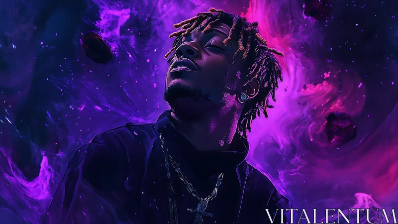 Celestial portrait of young man in neon violet cosmic nebula