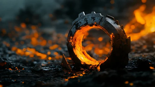 Mechanical ring in molten lava with glowing interior.