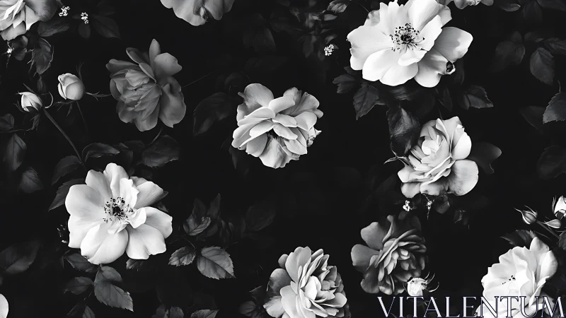Black and White Floral Composition with Layered Rose and Peony Forms