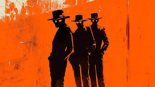 Shadowed gentlemen with glowing eyes prowl orange silence.