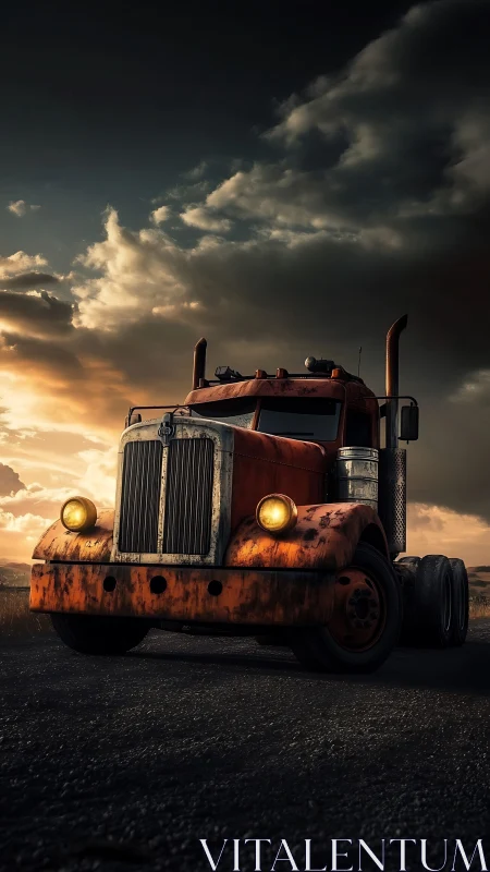 Weathered red semi truck glowing softly at golden sunset.