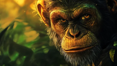 Primate portrait under golden jungle light, intense gaze.