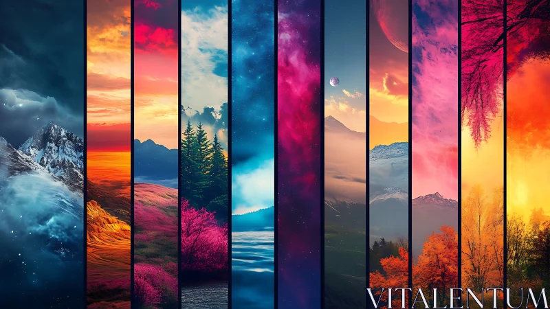 Multi-panel spectral landscape montage with cosmic sky gradients