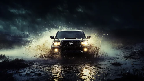 Off-road pickup powers through stormy mud in cinematic light.
