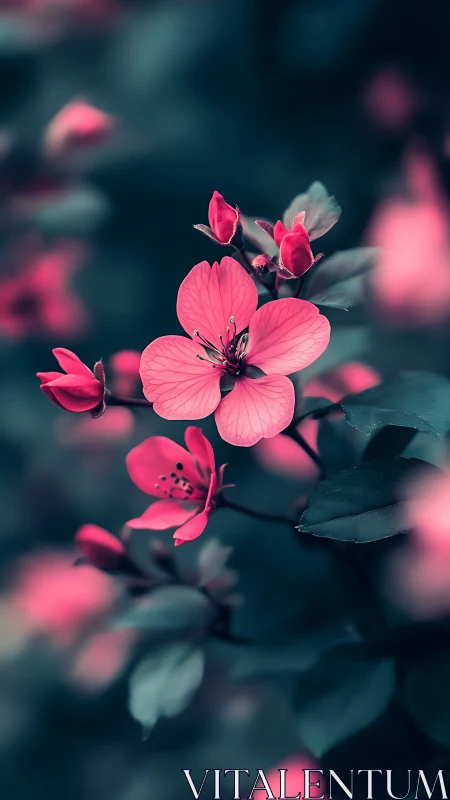 Pink blossom flowers with shallow depth field focusing foreground petals.