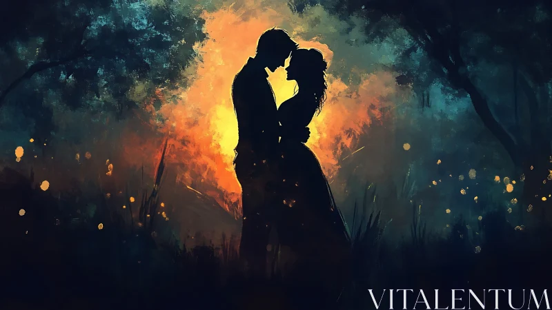 Silhouetted couple portrait backlit by golden luminescence and dark teal atmospheric rendering