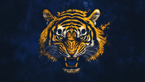 Stylized frontal tiger head on dark textured blue field.