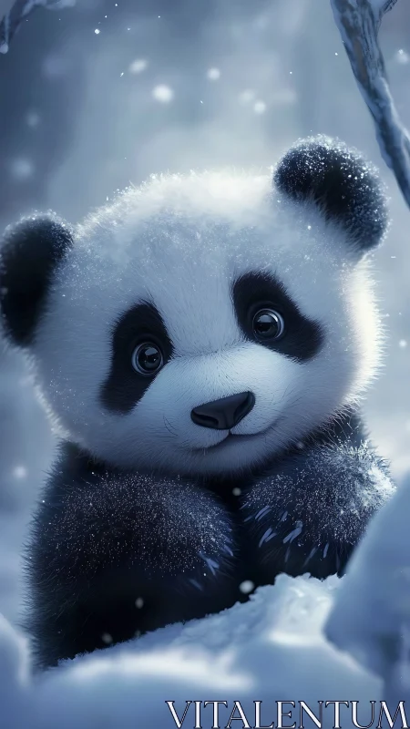 Snow-dusted baby panda in dreamy blue winter forest.