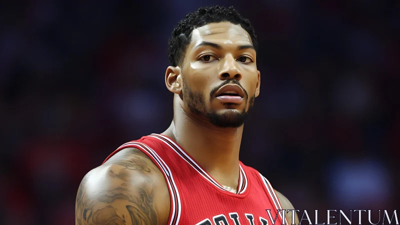 Basketball player in red jersey on court, focused expression.