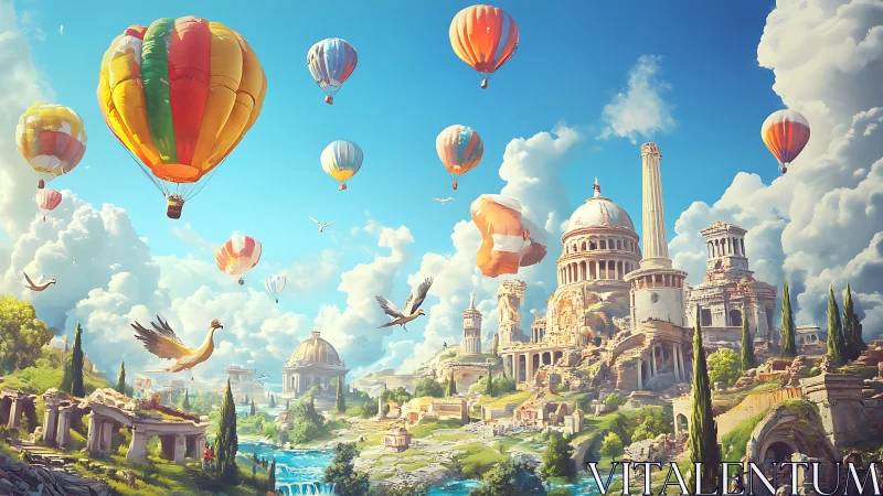 Hot air balloons drift above sunlit fantasy ruins.