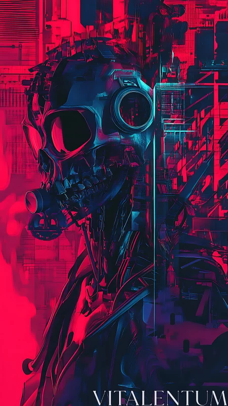 Cyborg skull profile in high contrast neon environment.