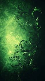 Luminescent emerald filigree curl on grunge gradient field.