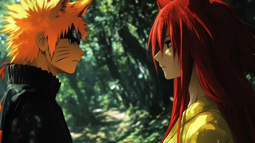 Anime forest confrontation with vulpine character silhouettes.