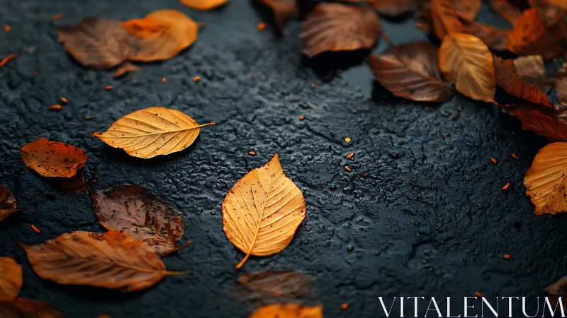 Wet asphalt macro with sharp autumn leaves and bokeh depth