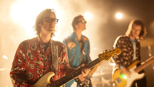 Indie rock band performing under bright stage lighting.