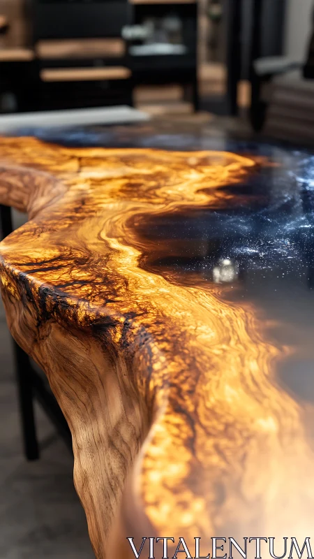 Live edge wood and resin table surface in close focus