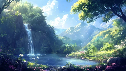 Luminous mountain glade with waterfall in anime landscape style.
