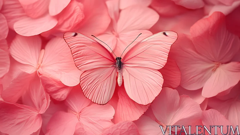 Monochromatic pink butterfly on hydrangea petals with shallow depth