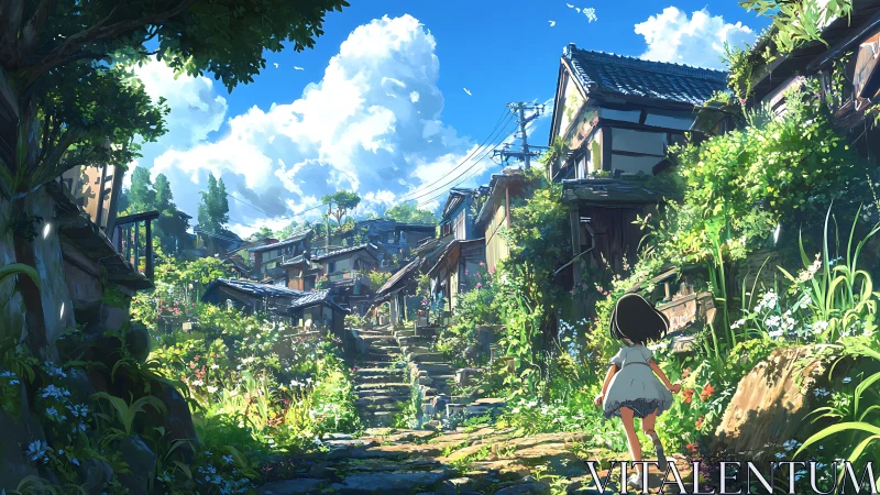 Sunlit stone stairs carry a small dreamer into skybound summer