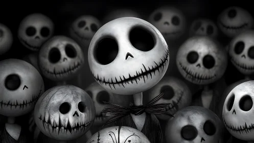 Cluster of stylized skull-headed figures in monochrome crowd.