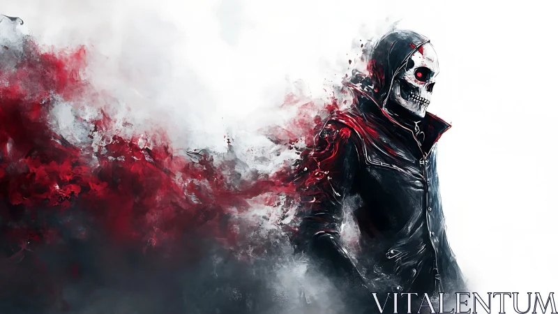 Hooded skull figure dissolving into red smoky mist.