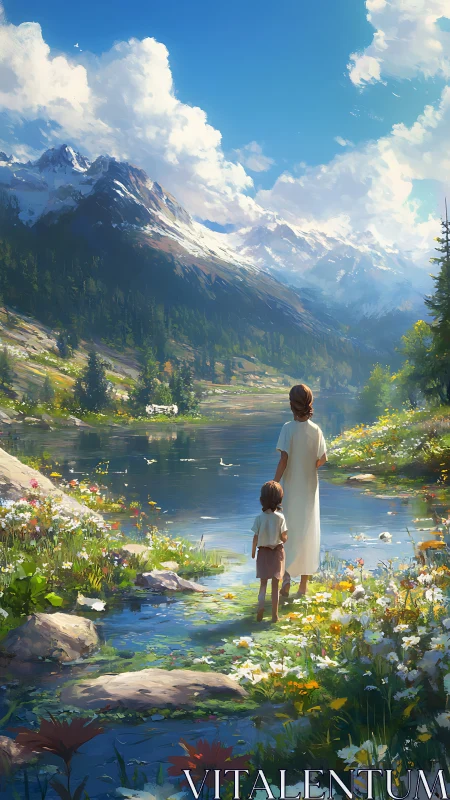 Quiet mountain morning shared by mother, child, and wildflowers.