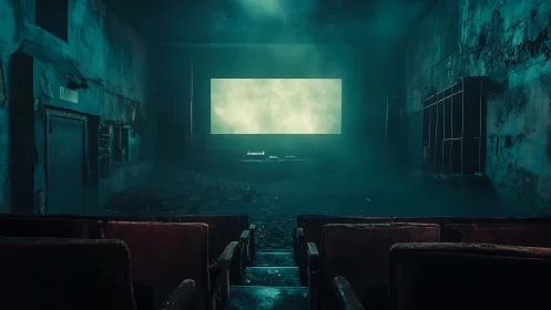 Ghostlit cinema breathes in turquoise haze and quiet ruin.