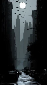 Urban high‑rise canyon with bats under full moon at night.