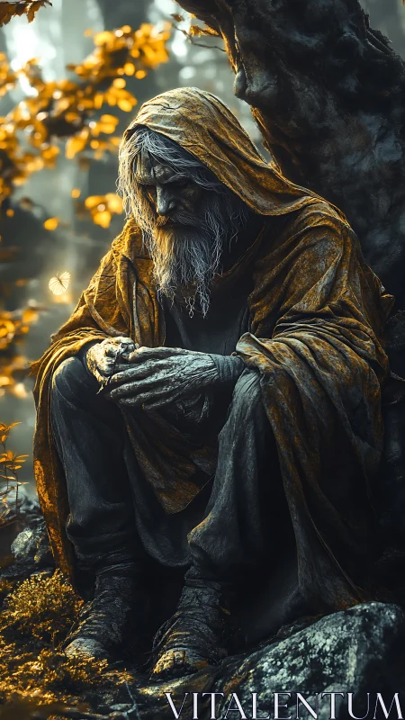 Hooded elder druid rendered in high-contrast fantasy lighting