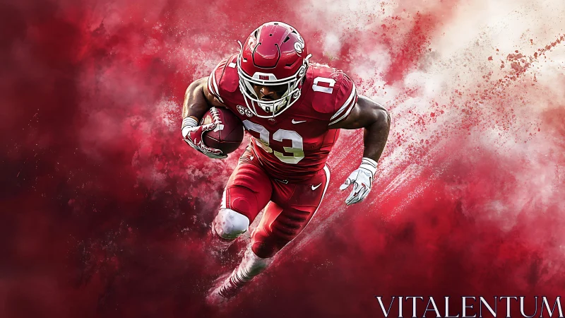 Gridiron runner advances through red particulate background