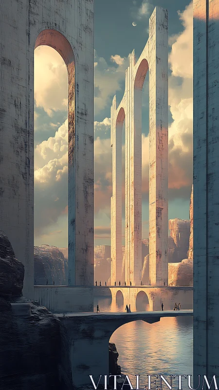 Sunlit skybridge arches rising above a quiet canyon river.