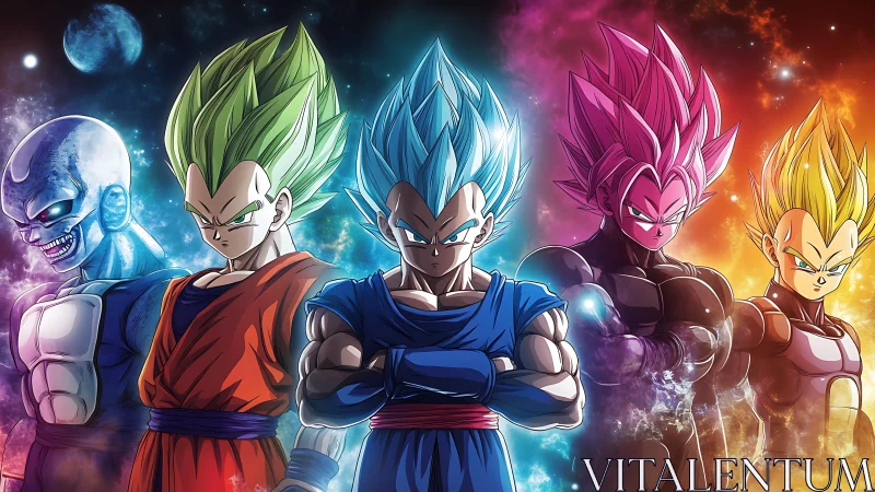 Multiform Saiyan warriors in chromatic cosmic energy lineup
