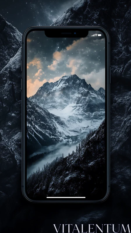 Smartphone portal framing snowcapped alpine peak at night
