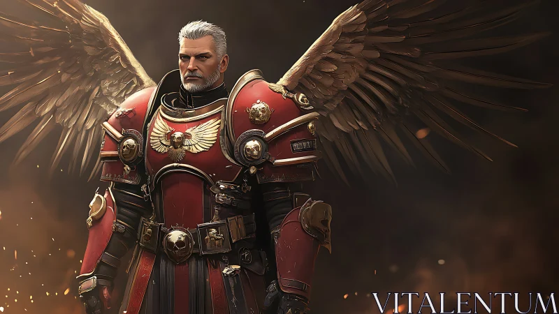 Winged paladin in crimson power armor stands in burning gloom.