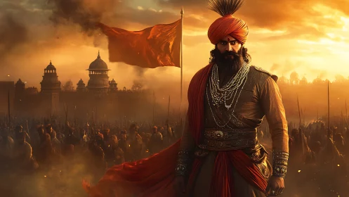 Warrior king stands before fortress at dusk, leading army