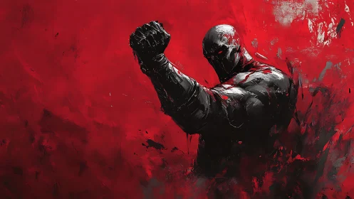 Armored warrior silhouette on intense red abstract field.