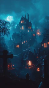 Moonlit gothic manor rising through fog-drenched graveyard.
