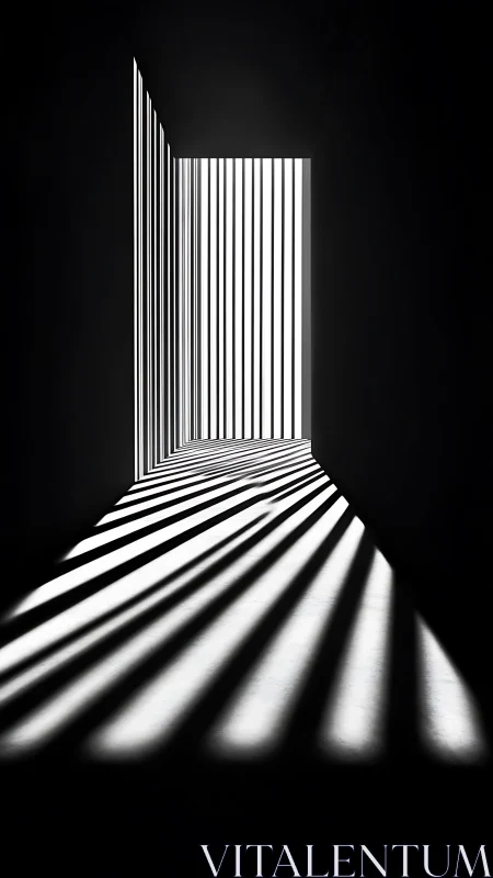Hard light stripes carve deep perspective through dark room