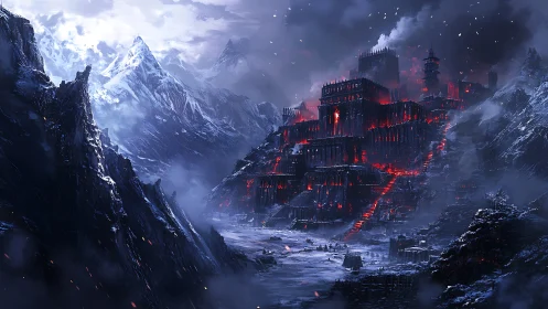 Frozen ember citadel brooding in storm-torn mountain gloom.