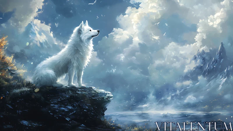 White wolf overlooks ethereal glacial lake under storm clouds.