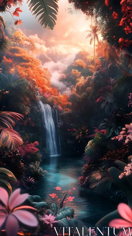 Dreamy jungle waterfall glows under soft enchanted sunset light