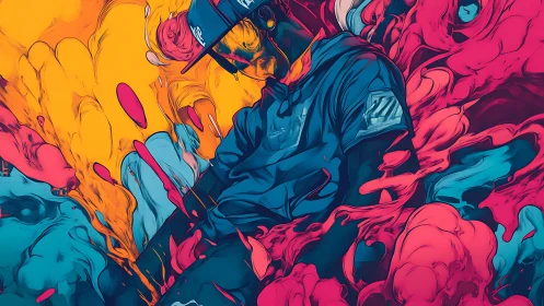 Digital painting of urban figure in neon fluid color fields.