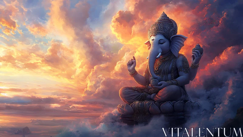 Divine Ganesha statue meditates above radiant sunset clouds