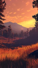 Volumetric-lit mountain valley with stylized sunset grassland.