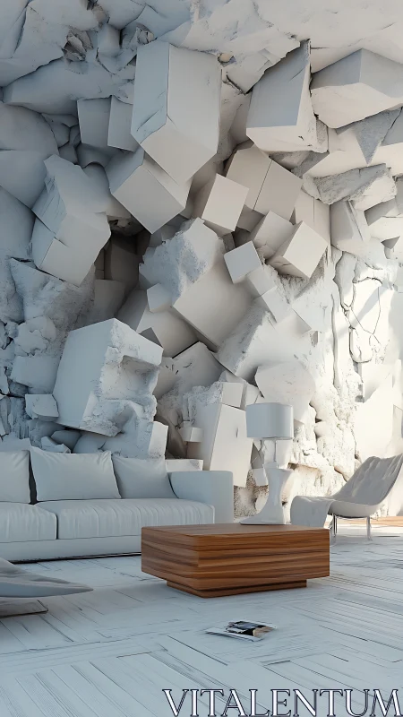 Abstract cube wall transforms a minimalist white living room